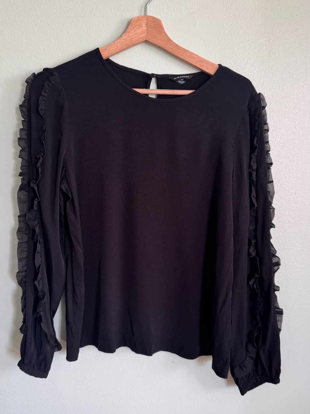 Club Monaco Black Ruffle-Trim Long Sleeve Tee